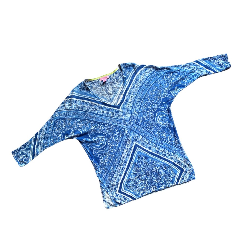 Lilly Pulitzer Blue White Paisley 100% Linen V-Neck Dolman Tunic Sweater XS/S